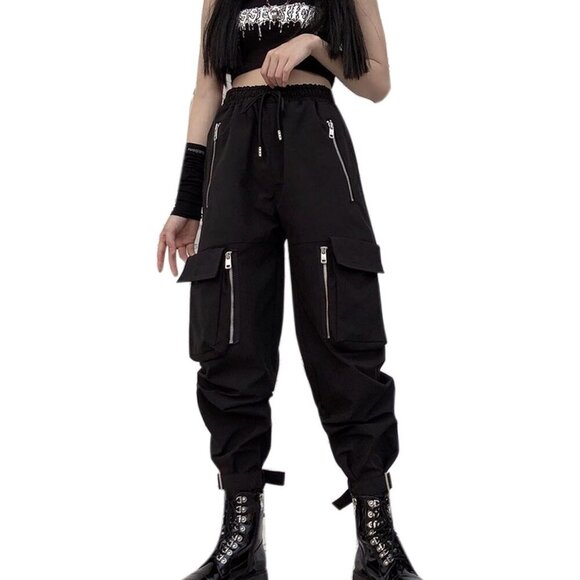 Women's Black Cargo Pants Multi-Pocket Chain Detail Punk Goth Style - Picture 1 of 6